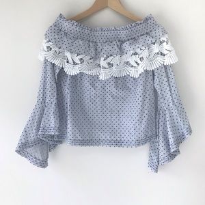 Red Carter Blue & White Swiss Dot Off Shoulder Top